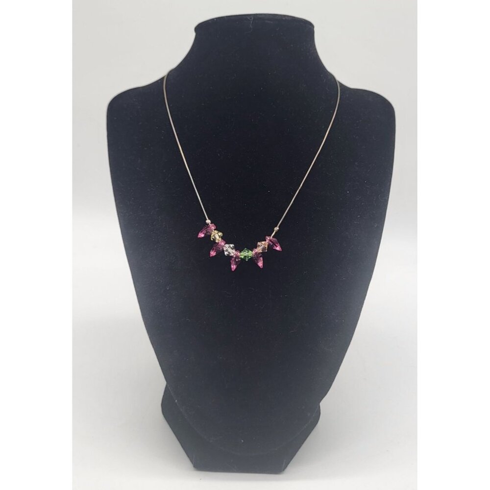 Sterling Silver 925 Italy Necklace Charms Pink Hearts Green Yellow Beads